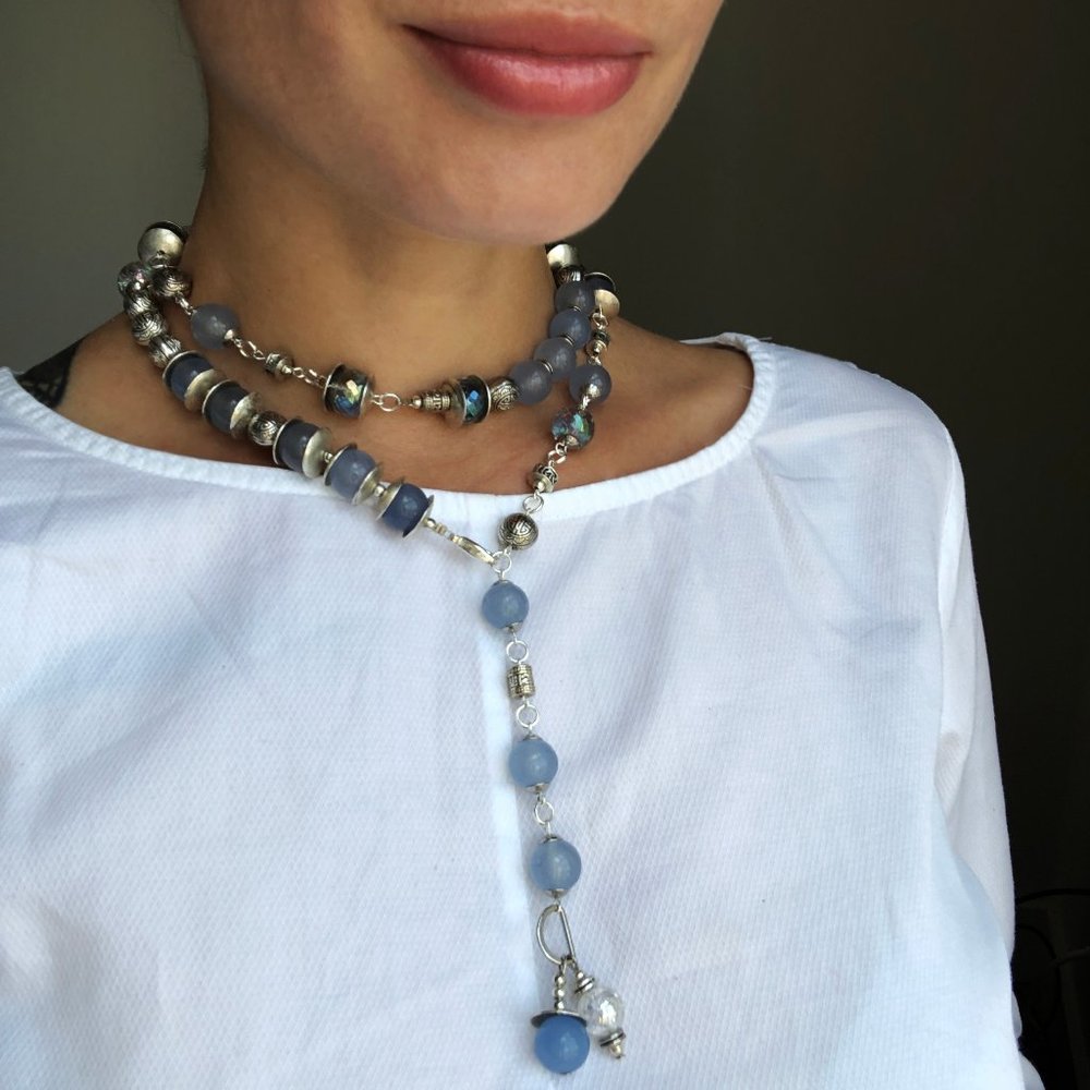 Blue chalcedony necklace long, statement bead lariat necklace